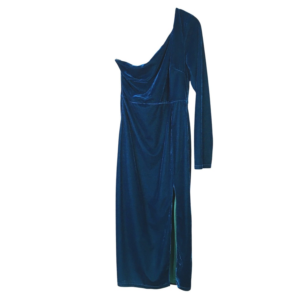 Lulus One Shoulder Velvet Midi Dress L Peacock Teal Blue